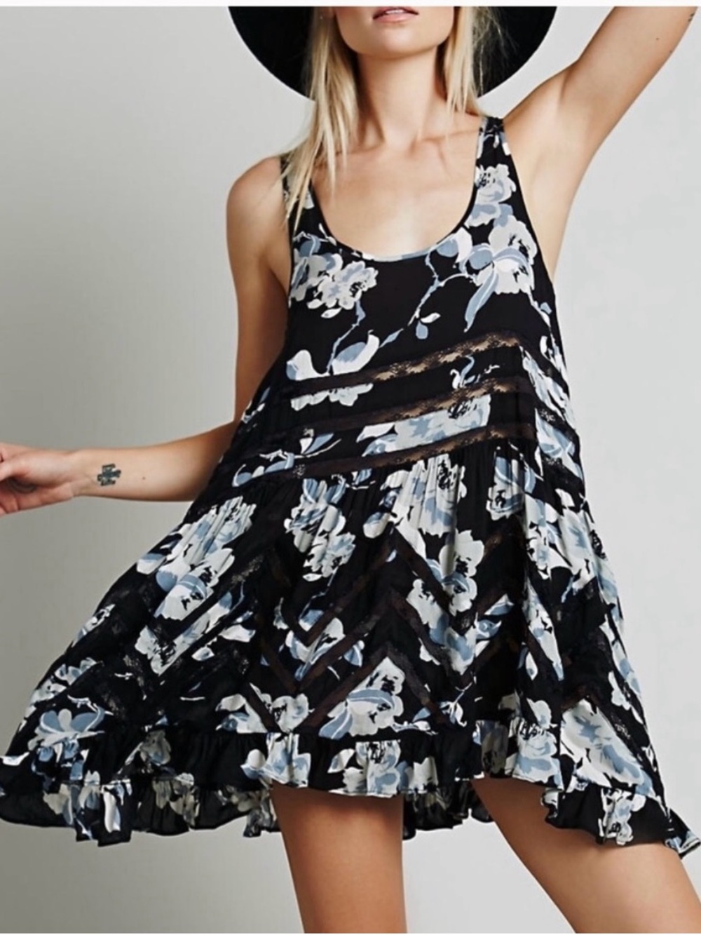 Free People Black Floral Trapeze Slip Mini Dress